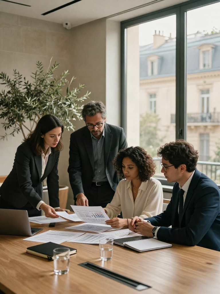 Consulting professionals collaborating on business analytics in a sunlit boardroom